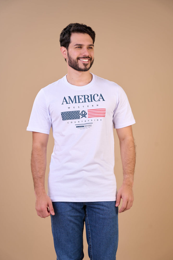 Translation missing: en.Camiseta Masculina America Western Branco Ox Horns Ref 1927