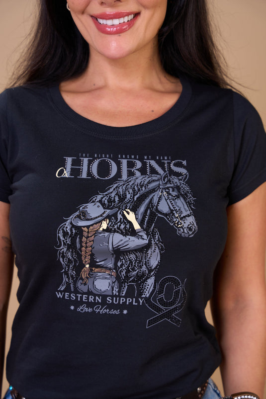 Translation missing: en.T-shirt Feminina Preto Western Supply Ox Horns Ref 6571