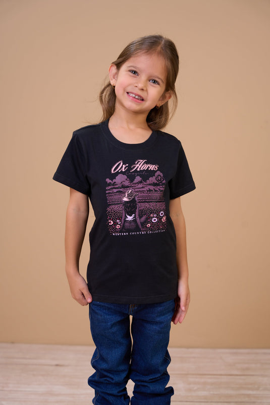 Translation missing: en.T-shirt Infantil Feminina Cowgirls Preta Ox Horns Ref 5359