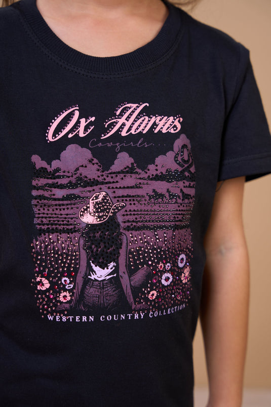 Translation missing: en.T-shirt Infantil Feminina Cowgirls Preta Ox Horns Ref 5359