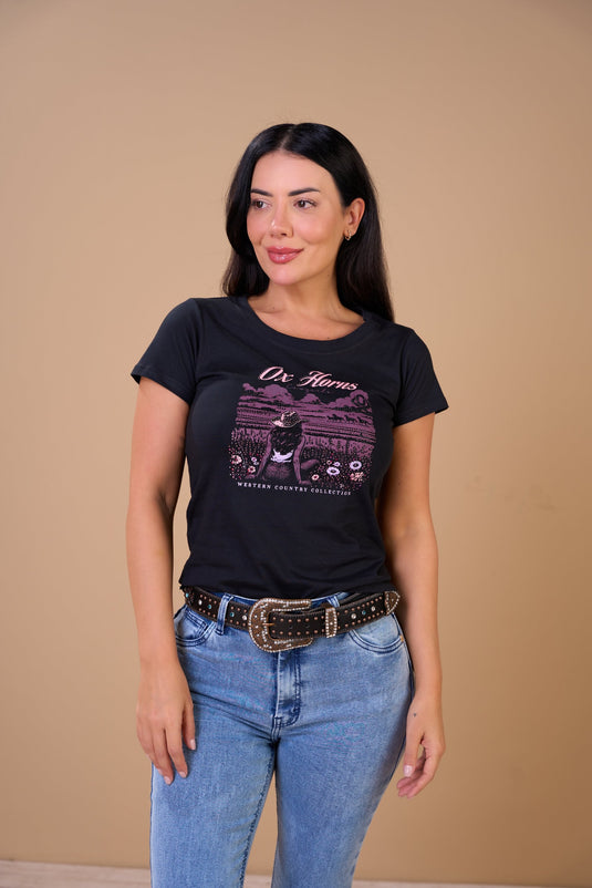 Translation missing: en.T-shirt Feminina Cowgirls Preto Ox Horns Ref 6573