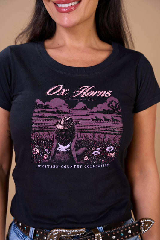 Translation missing: en.T-shirt Feminina Cowgirls Preto Ox Horns Ref 6573
