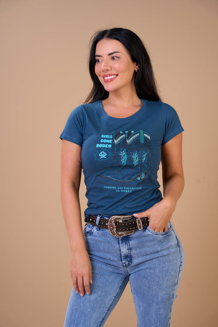 Translation missing: en.T-shirt Feminina American Boots Petróleo Ox Horns Ref 6580
