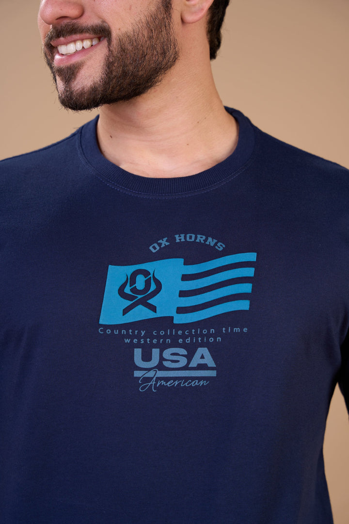 Translation missing: en.Camiseta Masculina Flag USA American Marinho Ox Horns Ref 1933